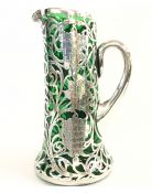  Antique Silver Overlay Green Glass Water Jug