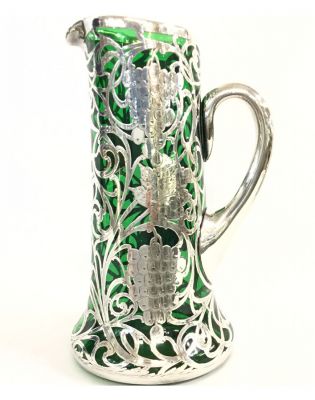  Antique Silver Overlay Green Glass Water Jug