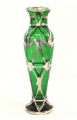 Antique Silver Overlay Green Glass Vase