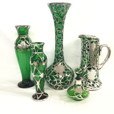 Antique Silver Overlay on Green Glass