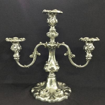 Antique Silver Plate 3 Light Candelabra with Bobechs