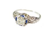 Art Deco Asscher Cut Diamond and Sapphire Ring