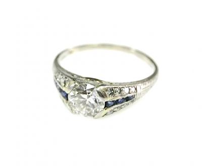 Art Deco Diamond and Synthetic Sapphire Engagement Ring