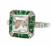 Art Deco Inspired 1.51ct Diamond and Emerald Platinum Ring