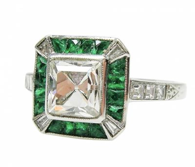 Art Deco Inspired 1.51ct Diamond and Emerald Platinum Ring