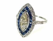 Art Deco Style Marquise Diamond and Sapphire Ring