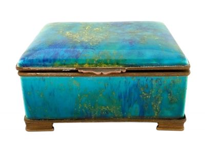 Art Deco French Art Pottery Dresser Box, Mounted In A Bronze Frame