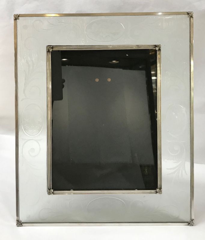 Art Deco Hand Engraved Glass Photo Frame With Silver Plate Mounts
