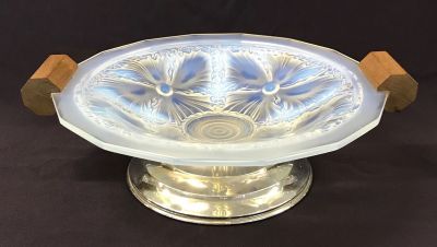 Art Deco Opalescent Glass Bowl With Teak Handles