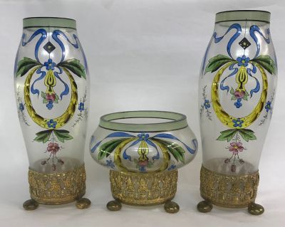 Art Nouveau Mantle Garniture set in Glass & Gilt Metal