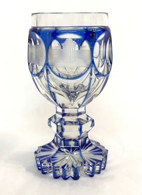 Biedermeier Facet Knob Cut and Stained Glass Hexagonal Goblet