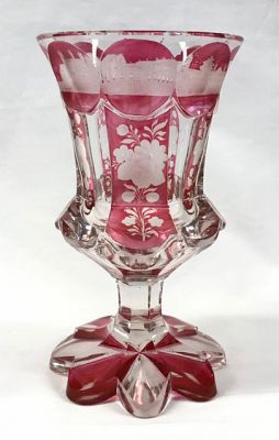 Biedermeier Faceted and Stained Glass Octagonal Pedestal Goblet