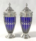 Birks Sterling Silver And Cobalt Blue Glass Sugar Castors, circa 1920