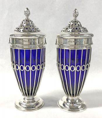 Birks Sterling Silver And Cobalt Blue Glass Sugar Castors, circa 1920
