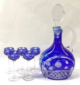 Bohemian Coloured Crystal Decanter and Long Crystal Liqueur Glasses