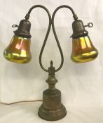 Brass Desk Lamp with Steuben Gold Aurene Bell Shades