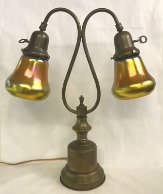 Brass Desk Lamp with Steuben Gold Aurene Bell Shades