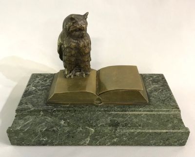 Bronze Owl Sitting On A Book Inkwell, circa 1930
