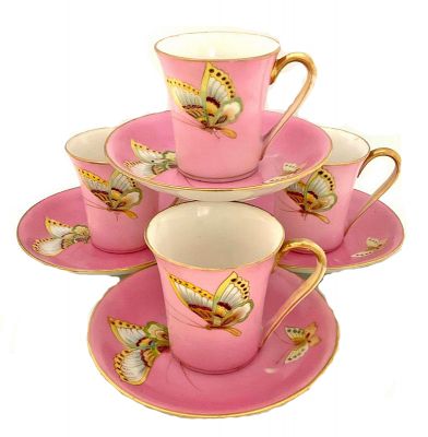 Butterfly Hand Painted and Gilded Nippon Demitasse Cups and Saucers