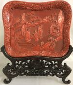 Carved Cinnabar Tray With Original Fitted Stand