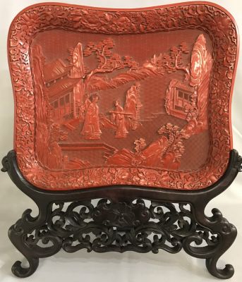 Carved Cinnabar Tray With Original Fitted Stand