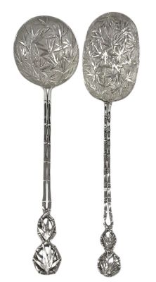 Chinese Silver Serving Spoons With Bamboo Motifs, Early 20th Century
