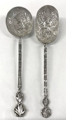 Chinese Silver Serving Spoons With Bamboo Motifs, Early 20th Century