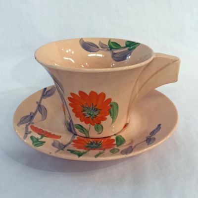 Clarice Cliff Hand Painted Bizarre Damask Rose Cup & Saucer