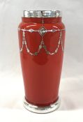 Czechoslovakia Art Deco Cased Red Glass Vase With Silver Overlay