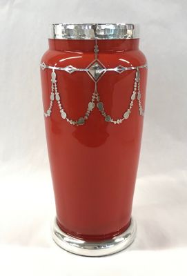 Czechoslovakia Art Deco Cased Red Glass Vase With Silver Overlay