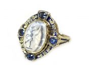 Dancing Greek Goddess Moonstone Intaglio and Sapphire Ring