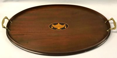 Edwardian Era Oval Mahogany Tray with Satinwood Inlay and Brass Handles