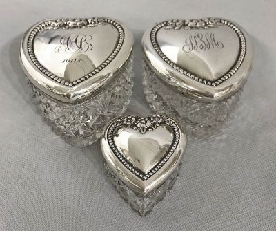 Edwardian Era Sterling Silver & Crystal Heart Shape Vanity Jars