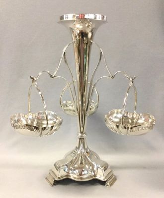 Edwardian Silver Plate Epergne with Three Hanging Baskets