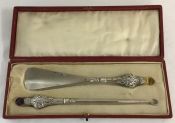 Edwardian Sterling Handled Thistle Design Shoehorn & Button Hook