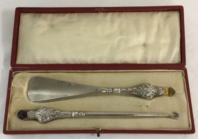 Edwardian Sterling Handled Thistle Design Shoehorn & Button Hook