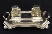 English Art Deco Silver Plate Double Inkwell & Stand