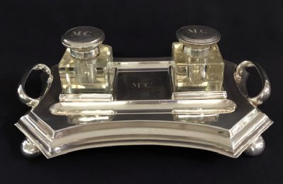English Art Deco Silver Plate Double Inkwell & Stand
