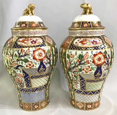 English Imari Bone China Covered Mantle Urns