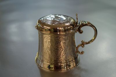 English Silver Mustard Pot with Blue Glass Liner