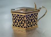 English Silver Mustard Pot with Blue Glass Liner