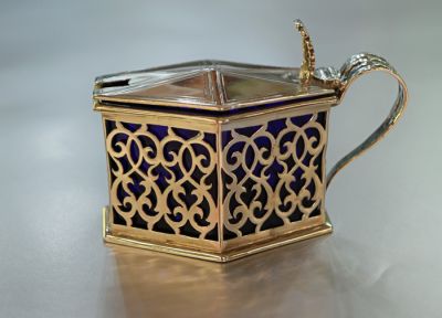 English Silver Mustard Pot with Blue Glass Liner