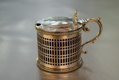 English Silver Plate Mustard Pot with Blue Glass Liner