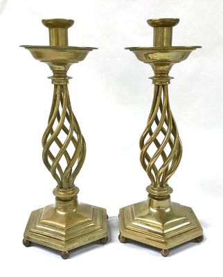 English Solid Brass Barley Twist Candlesticks, circa 1900