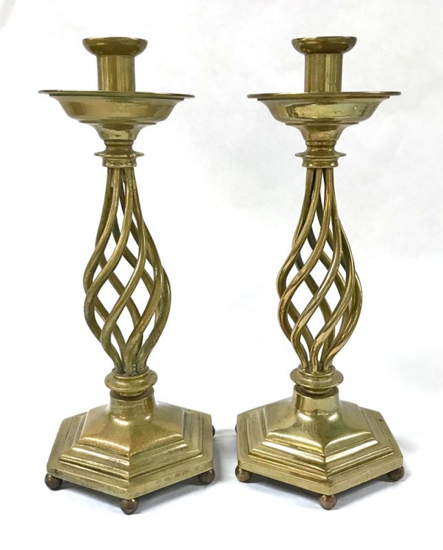 English Solid Brass Barley Twist Candlesticks, Circa 1900