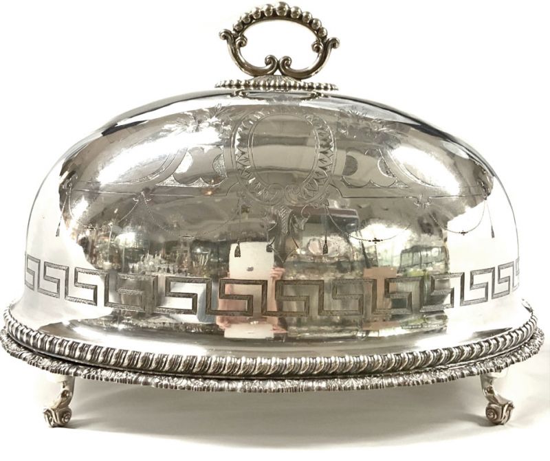 English Victorian Silver Plate Meat Dome With Well and Tree Platter