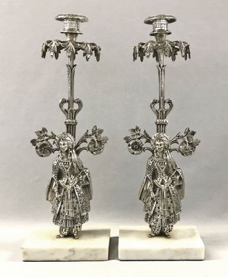 Figural Silvered Metal Garniture Candlesticks