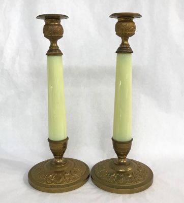 French Opaline Glass Candlesticks, French circa 1840