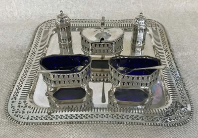 George III Style Silver Plate & Cobalt Glass 5 Piece Condiment Set, Salver Sold Separately