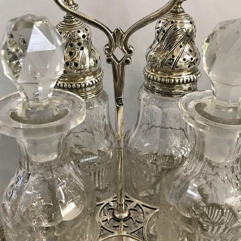 Sterling Silver Cruet Set With Cut & Etched Glass Bottles